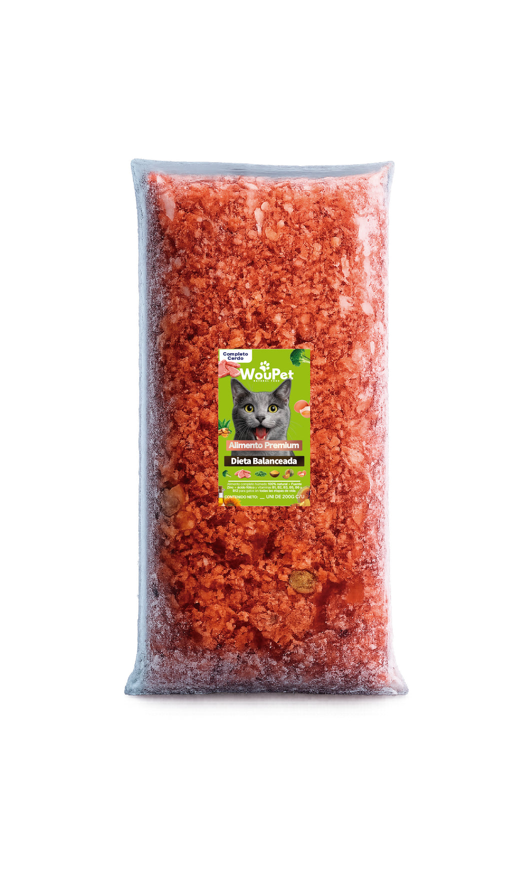 Pack 3 kg Alimento completo cerdo congelado natural para gatos 200 g (15 Bolsas de 200 g)