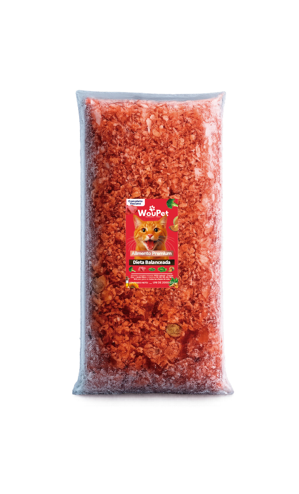 Pack 3 kg Alimento completo vacuno congelado natural para gatos 200 g (15 Bolsas de 200 g)